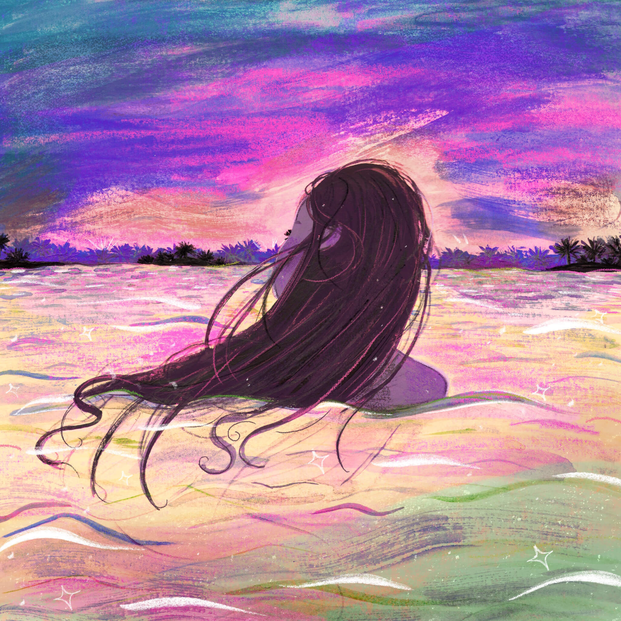 Digital Illustration by Marianna Madriz. A girl swiming in the sea.