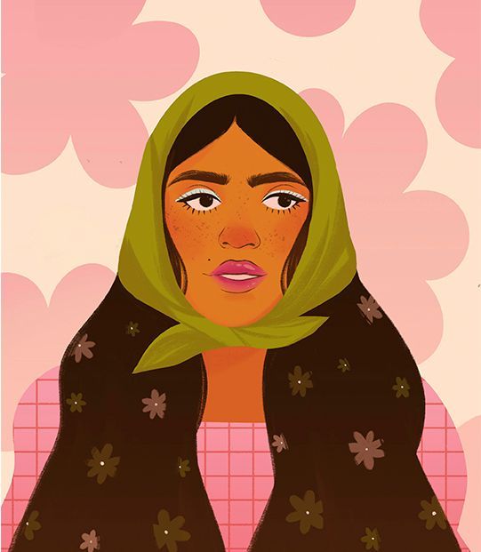 Maïa Faddoul digital illustration. A dark hair woman on a pink background.