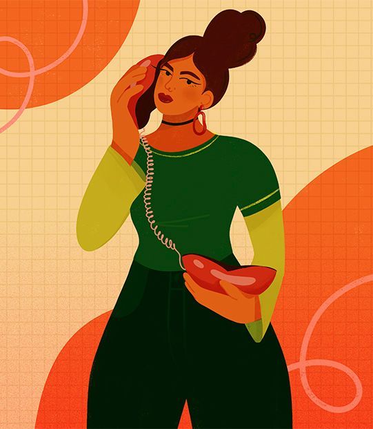 Maïa Faddoul digital illustration. A dark hair woman holding a line phone